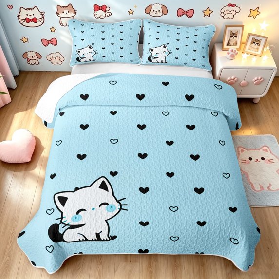 Manfei Kawaii Kitten Twin Quilt Set, Graffiti Love Heart Doodle Twin Coverlet Set, Blue, 2-Piece, 1 Bedspread and 1 Pillowcase