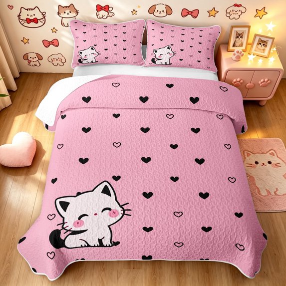 Manfei Kawaii Kitten Twin Quilt Set, Sweet Love Heart Doodle Twin Coverlet Set, Pink, 2-Piece, 1 Bedspread and 1 Pillowcase