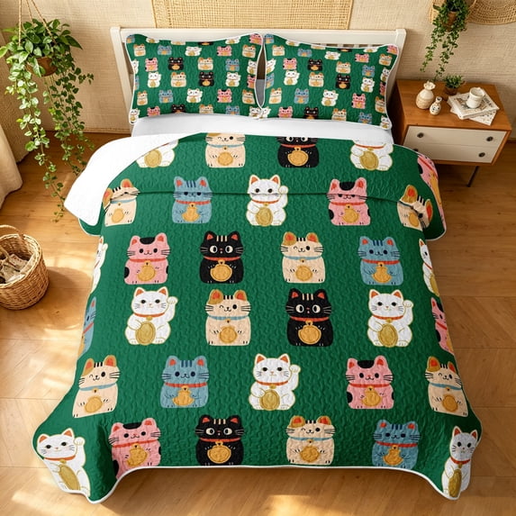 Manfei Kawaii Kitten Twin Quilt Set, Tribal Lucky Cat Twin Coverlet Set, Green, 2 Pieces, 1 Bedspread and 1 Pillowcase