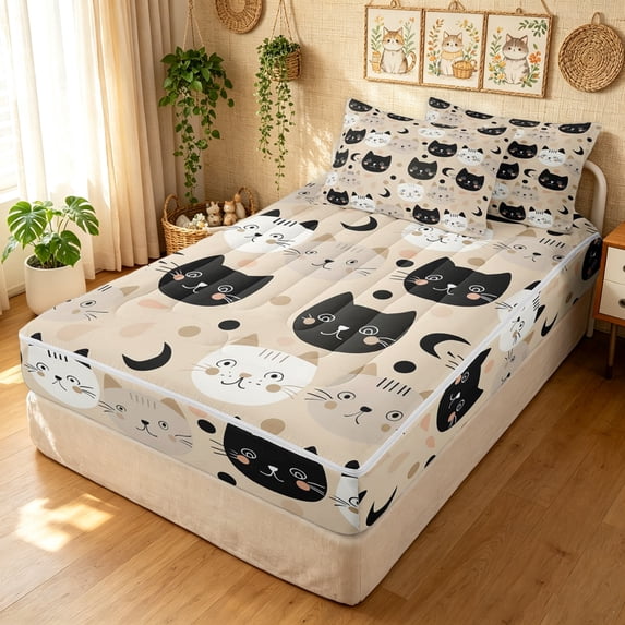 Manfei Kawaii Kitten Zipper Twin Comforter Sets with Fitted Sheet and 2 Pillowcases, Boho Moon Zipper Bedding Set, Beige, Polkadot Reversible, 4 Pieces