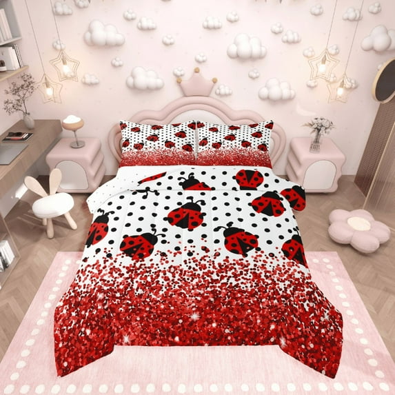 Manfei Kawaii Ladybug 3 Pieces Queen Comforter Set,Polka Dots Ultra Soft Bedding Sets,Bling Glitter Bedding Comforter Set,Super Cozy Animal Room Decor,Reversible