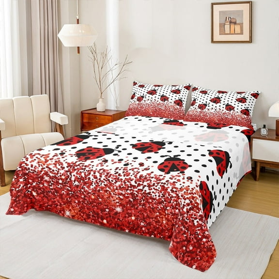 Manfei Kawaii Ladybug 4-Piece Full Size Sheets,Polka Dots Bed Sheets,Bling Glitter Lightweight Sheet Sets,Super Cozy Animal Room Decor