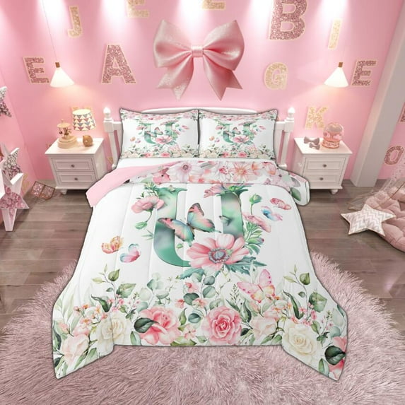 Manfei Kawaii Letter Girl Queen Comforter Set, Personalized Initial U Monogrammed Bedding Sets, Cartoon Butterfly Blossom Bedding Comforter Set, Breathable Bedroom Decor, Reversible 3pcs