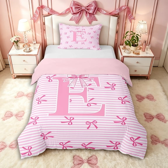 Manfei Kawaii Letter Monogrammed E Twin Bedding for Girls,Geometric Stripes Bowknot Duvet Cover Set for Kids Teens,Pink Reversible,Ultra Soft Home Decor,2pcs,No Comforter
