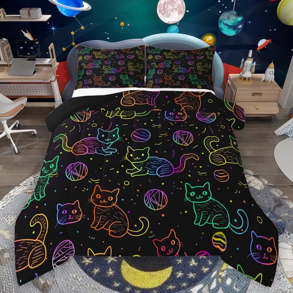 Manfei Kawaii Line Cat Bedding Comforter Set,Multicolor Cartoon Kitten Twin Comforter Sets,Neon Watercolor Bedding Set For Kids,Breathable Home Decor Reversible,2pcs