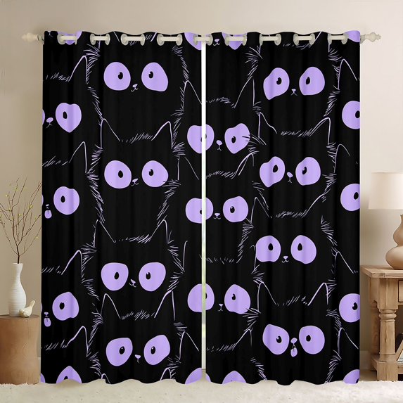 Manfei Kawaii Lines Cat Blackout Curtains, Cartoon Kitten Curtains Pack of 2 (42x84 Each), Black Purple