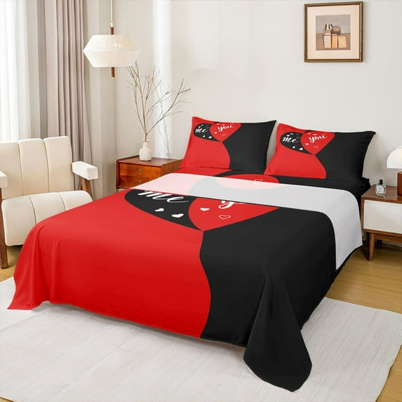 Manfei Kawaii Love Heart 4pcs Bed Sheets for Female Women Girls,Black Red King Sheets,Romantic Couple Lover Super Cozy Sheet Set,Microfiber Bedroom Decor