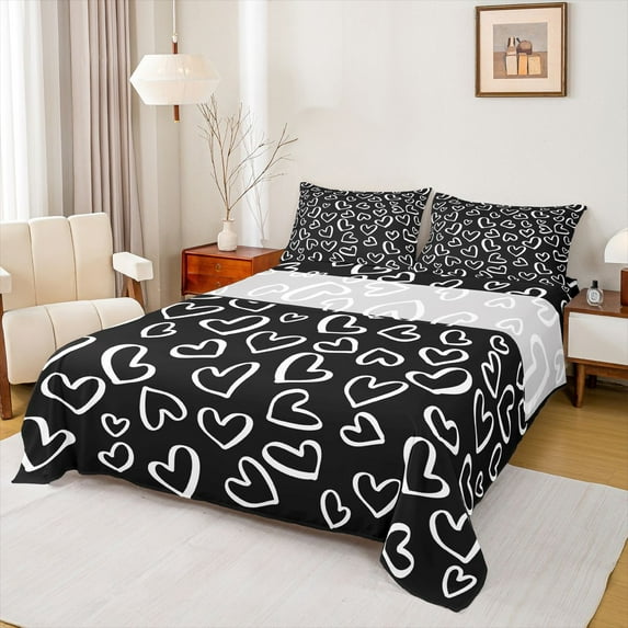 Manfei Kawaii Love Heart 4pcs Bed Sheets for Female Women Girls,Black White King Sheets,Romantic Couple Lover Super Cozy Sheet Set,Microfiber Bedroom Decor