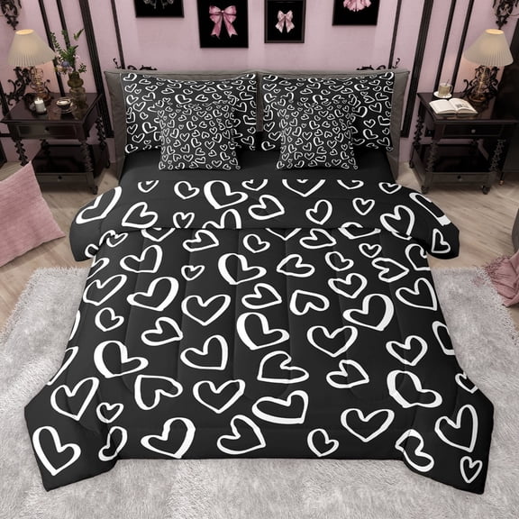 Manfei Kawaii Love Heart 7-Piece Bedding Comforter Set for Female Women Girls,Black White King Bedding Sets,Romantic Couple Lover Ultra Soft Bed Sheets,Microfiber Bedroom Decor,Reversible