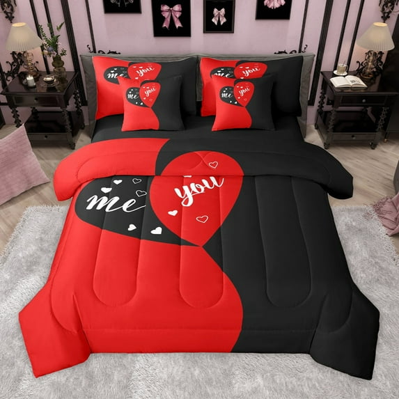Manfei Kawaii Love Heart 7pcs Bedding Comforter Set for Female Women Girls,Black Red Queen Bedding Sets Super Cozy,Romantic Couple Lover Queen Sheet Sets,Microfiber Bedroom Decor,Reversible