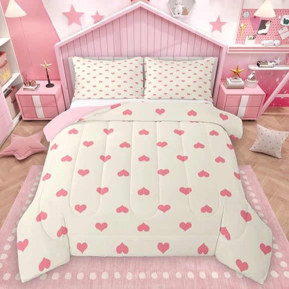 Homewish Kawaii Love Heart Bedding Comforter Set for Girl, Girly Pink Cartoon Twin Comforter Sets, Cute Princess Style Reversible Bedding Set, Lightweight Room Decor, 2pcs