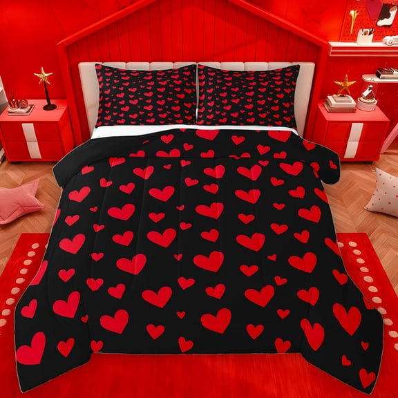 Manfei Kawaii Love Heart Full Size Comforter Sets, Romantic Valentines Day Bedding Comforter Set, Black Red Cartoon Reversible Bedding Sets, Breathable Home Decor, 3pcs
