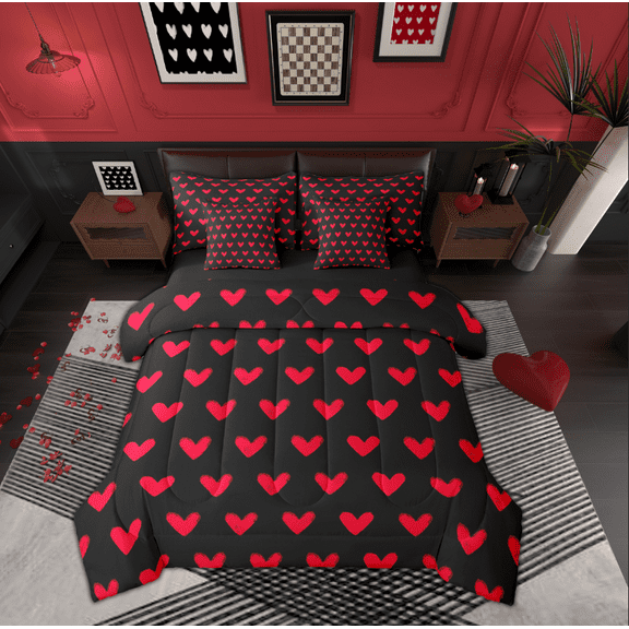 Manfei Kawaii Loves Pattern 7-Piece Twin Bedding Sets,Cute Heart Print Bedding Comforter Set,Red Black Sheet Sets For Princess,Ultra Soft Home Decor Reversible
