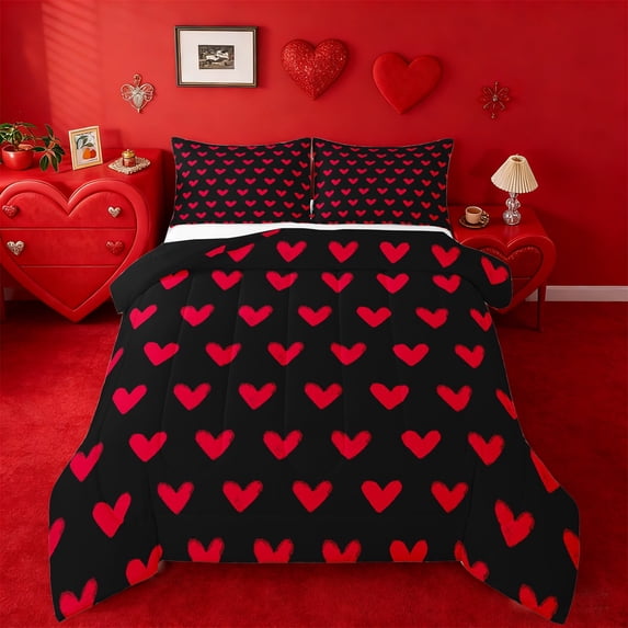 Manfei Kawaii Loves Pattern Queen Comforter Set,Cute Heart Print Bedding Sets,Red Black Bedding Comforter Set For Princess,Ultra Soft Home Decor Reversible,3-Piece