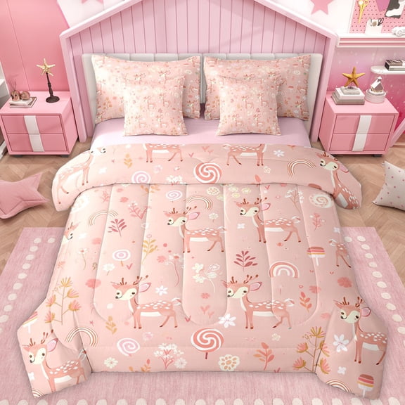 Manfei Kawaii Magic Deer Twin Bedding Sets 7-Piece for Kids, Cartoon Rainbow Bedding Comforter Set, Flower Leaf Botanical Reversible Sheet Sets, Luxury Bedroom Decor