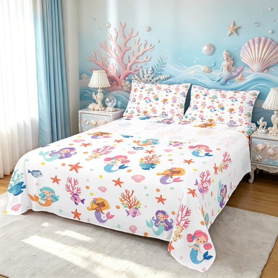 Manfei Kawaii Mermaid Princess Queen Sheets, Dreamy Sea Coral Queen Sheet Sets, White Pink, 4-Piece, 1 Flat Sheet, 1 Fitted Sheet and 2 Pillowcases