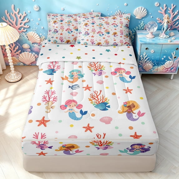 Manfei Kawaii Mermaid Princess Zipper Twin Comforter Sets with Fitted Sheet and 2 Pillowcases, Dreamy Sea Coral Zipper Bedding Set, White Pink, Polkadot Reversible, 4-Piece