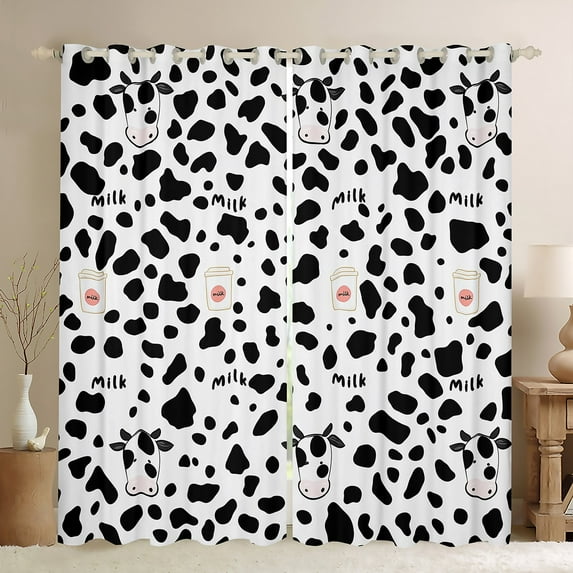 Manfei Kawaii Milk Cow Blackout Curtains Set of 2 (52x84 Each) for Teens, White Black Dots Window Curtains, Cartoon Animal Style Curtains and Drapes, Window Curtains Room Decor