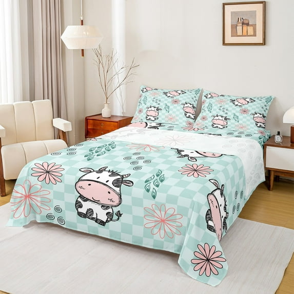Manfei Kawaii Milk Cow Twin Sheet Sets for Kids, Cartoon Groovy Leaf Plant Twin Fitted Sheet, Pale Turquoise Buffalo Plaid Flat Sheet, Breathable Home Decor, 3-Piece