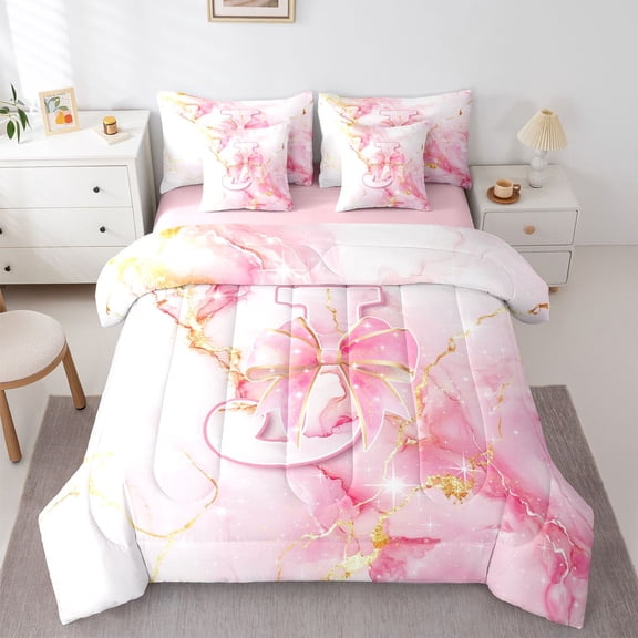 Manfei Kawaii Monogram J 7pcs Queen Bedding,Marble Pattern Bedding Comforter Set Queen,Golden Pink,Pink Reversible
