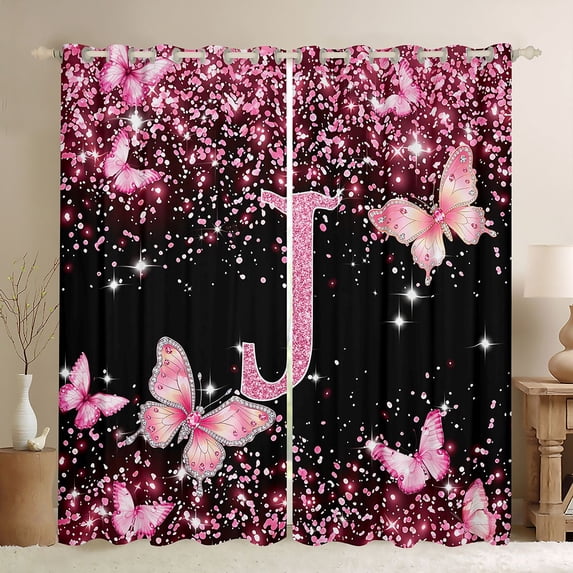 Manfei Kawaii Monogram J Blackout Curtains,Cute Butterfly Dessert Curtains Pack of 2 (42x84 Each),Pink