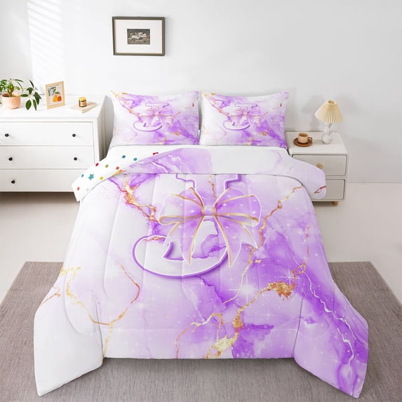 Manfei Kawaii Monogram J Full Size Comforter Sets,Marble Pattern Bedding Comforter Set,Purple,Polkadot Reversible,3-Piece,1 Comforter and 2 Pillowcases