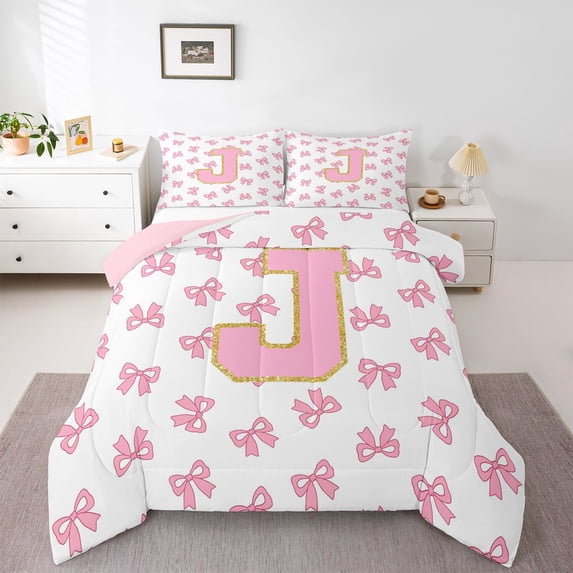 Manfei Kawaii Monogram J Full Size Comforter Sets,Ribbon Bow Dessert Bedding Comforter Set,Pink,Pink Reversible,3-Piece,1 Comforter and 2 Pillowcases