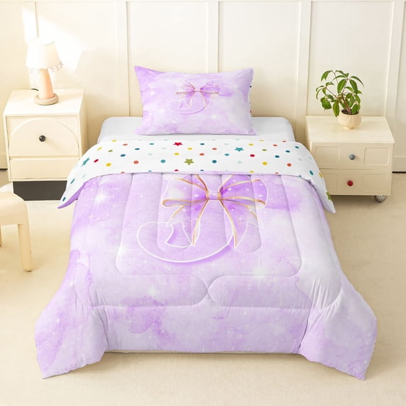 Manfei Kawaii Monogram J Twin Comforter Sets,Ribbon Bow Dessert Bedding Set,Purple,Polkadot Reversible,2pcs,1 Comforter and 1 Pillowcase