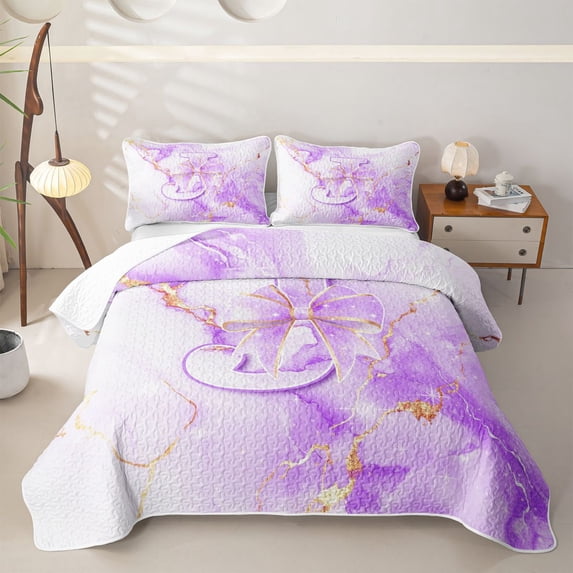Manfei Kawaii Monogram J Twin Quilt Set,Marble Pattern Twin Coverlet Set,Purple,2pcs