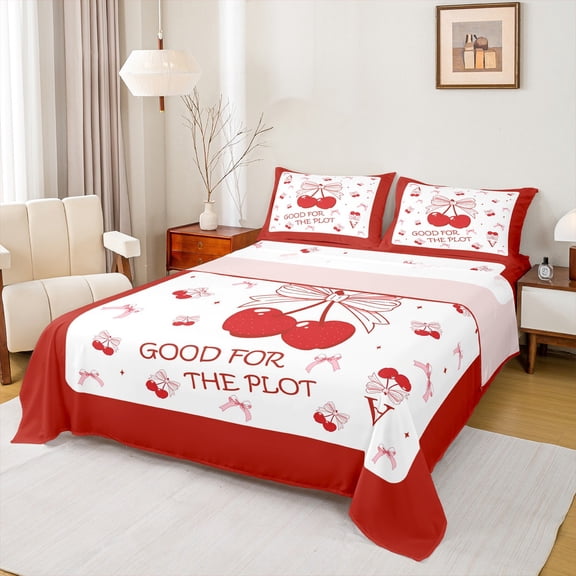 Manfei Kawaii Monogrammed A Twin Sheet Sets, Cartoon Ribbon Cherry Twin Fitted Sheet, Dreamy Fairy Tale Flat Sheet, Luxury Bedroom Decor, 3 Pieces