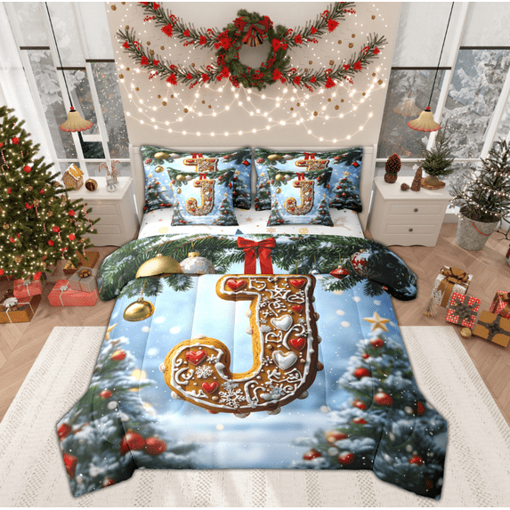 Manfei Kawaii Monogrammed J Bedding Comforter Set 7 Pieces for Kids, Winter Snowflake Full Bedding Set, Merry Christmas Reversible Fitted Sheet Flat Sheet, Breathable Home Decor