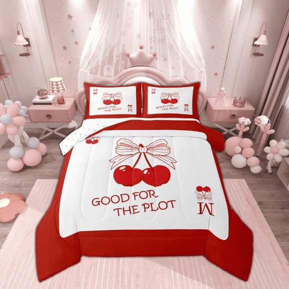 Manfei Kawaii Monogrammed M Bedding Comforter Set, Cartoon Ribbon Cherry Twin Comforter Sets, Dreamy Fairy Tale Reversible Bedding Set, Microfiber Bedroom Decor, 2 Pieces