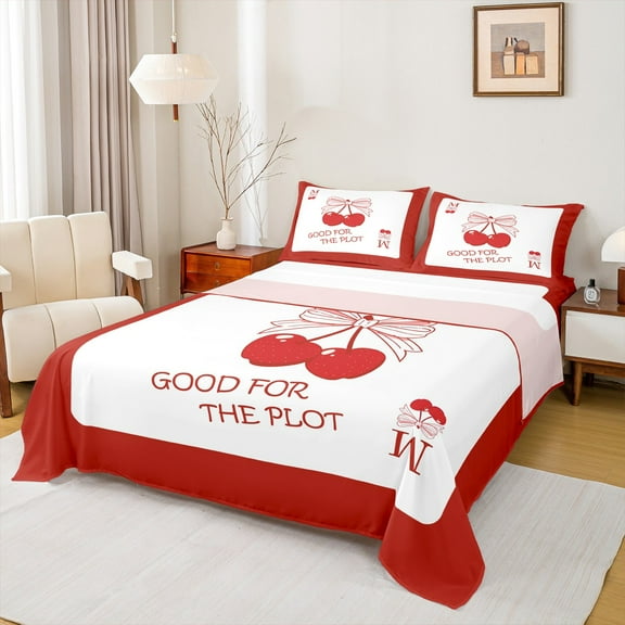 Manfei Kawaii Monogrammed M Twin Sheet Sets, Cartoon Ribbon Cherry Twin Fitted Sheet, Dreamy Fairy Tale Flat Sheet, Microfiber Bedroom Decor, 3 Pieces