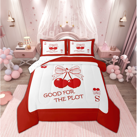 Manfei Kawaii Monogrammed S Queen Comforter Set, Cartoon Ribbon Cherry Bedding Comforter Set, Dreamy Fairy Tale Reversible Bedding Set, Luxury Bedroom Decor, 3 Pieces