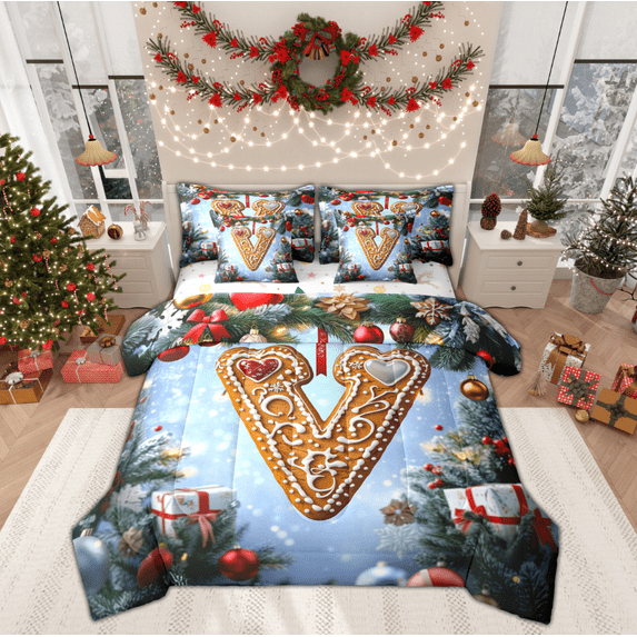 Manfei Kawaii Monogrammed V Bedding Comforter Set 7pcs for Kids, Winter Snowflake Queen Bedding Sets, Merry Christmas Reversible Queen Sheet Sets, Breathable Home Decor
