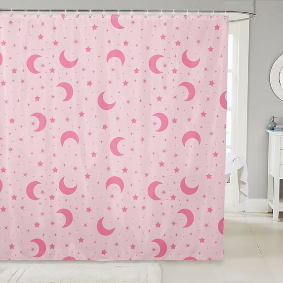 Manfei Kawaii Moon Shower Curtain 72Wx84L,Cute Stars Polka Dot Bathroom Shower Curtain,Pink
