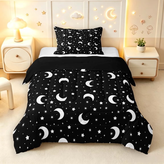 Manfei Kawaii Moon Stars Twin Comforter Sets,Celestial Starry Bedding Set,Black White,Black Reversible,2pcs,1 Comforter and 1 Pillowcase