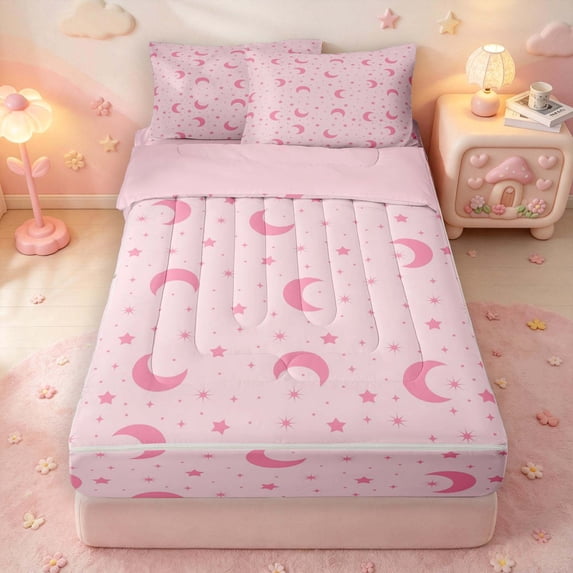 Manfei Kawaii Moon Zipper Queen Comforter Set with Fitted Sheet and 2 Pillowcases,Cute Stars Polka Dot Zipper Bedding Set,Pink,Pink Reversible,4pcs