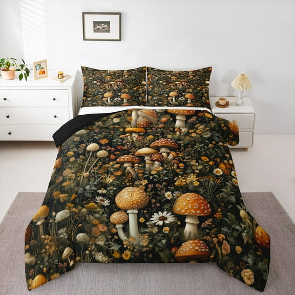 Manfei Kawaii Mushroom 2pcs Bedding Comforter Set,Floral Daisy Twin Comforter Sets,Botanical Plants Breathable Bedding Set,Microfiber Teens Bedroom Decor,Reversible