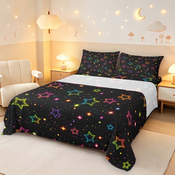 Manfei Kawaii Neon Stars King Sheets,Kawaii Cartoon Theme Bedding,Black,4 Pieces,1 Flat Sheet,1 Fitted Sheet and 2 Pillowcases
