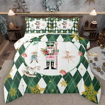 Manfei Kawaii Nutcracker Princess Bedding Comforter Set for Girl, Green Plaid Checkered Twin Comforter Sets, Winter Christmas Theme Reversible Bedding Set, Ultra Soft Bedroom Decor, 2 Pieces