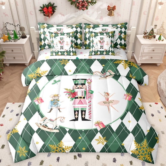 Manfei Kawaii Nutcracker Princess Twin Bedding Sets 7-Piece for Girl, Green Plaid Checkered Bedding Comforter Set, Winter Christmas Theme Reversible Sheet Sets, Ultra Soft Bedroom Decor