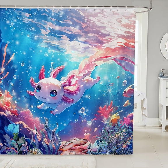 Manfei Kawaii Ocean Axolotl Shower Curtain 72x72 for Kid, Cute Dreamy Marine Animal Bathroom Decor, Cartoon Sealife Bath Curtain, Bath Curtain Decor, Waterproof