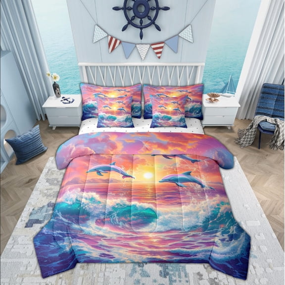 Manfei Kawaii Ocean Dolphin Bed in a Bag King size, Romantic Sunset Bedding Sets King Size, Cute Sealife Reversible Bedding King Size, Super Cozy Bedroom Decor, 7pcs