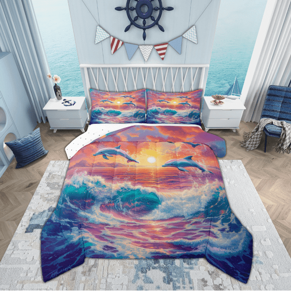 Manfei Kawaii Ocean Dolphin Bedding King Comforter Set, Romantic Sunset Comforter Sets King Size, Cute Sealife Reversible Comforters & Duvets, Super Cozy Bedroom Decor, 3pcs