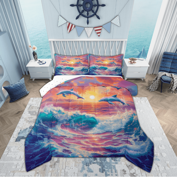 Manfei Kawaii Ocean Dolphin Bedding Sets Twin with Comforter, Romantic Sunset Duvet Insert, Cute Sealife Reversible Comforter Sets Twin Size, Super Cozy Bedroom Decor, 2pcs