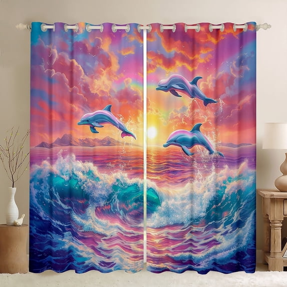 Manfei Kawaii Ocean Dolphin Curtains and Drapes (42x63), Romantic Sunset Blackout Curtains for Bedroom, Cute Sealife Curtains for Living Room, Window Curtains Bedroom Decor