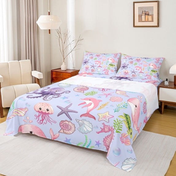 Manfei Kawaii Ocean Dolphins Bed Sheets,Lovely Seashell Full Size Sheets,Purple,4pcs,1 Flat Sheet, 1 Fitted Sheet and 2 Pillowcases