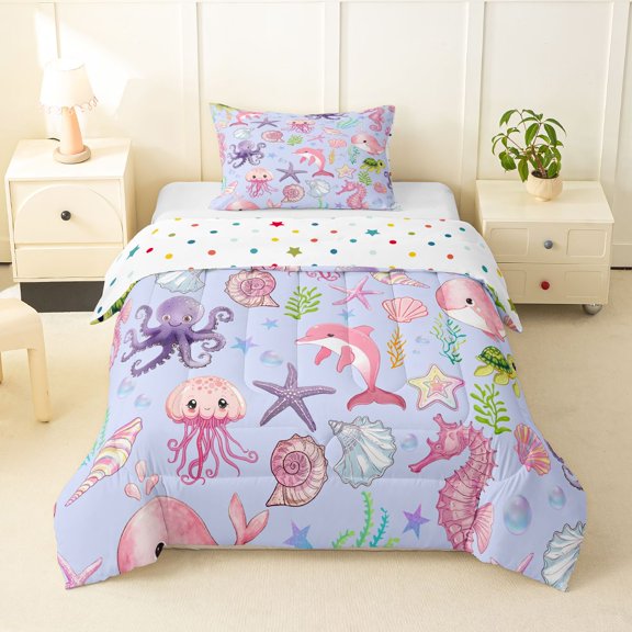 Manfei Kawaii Ocean Dolphins Twin Comforter Sets,Lovely Seashell Bedding Set,Purple,Polkadot Reversible,2 Pieces,1 Comforter and 1 Pillowcase