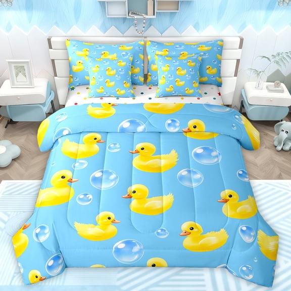 Manfei Kawaii Ocean Duck Bedding Comforter Set 7 Pieces for Kids, Cartoon Animal Full Bedding Set, Summer Marine Theme Reversible Fitted Sheet Flat Sheet, Lightweight Room Decor